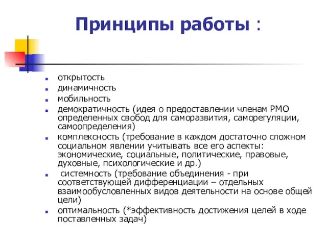 Принципы работы : открытость динамичность мобильность демократичность (идея о предоставлении членам РМО