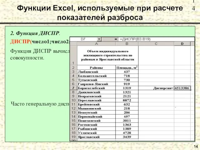 14 2. Функция ДИСПР. ДИСПР(число1;число2;…). Функция ДИСПР вычисляет невзвешенную дисперсию по генеральной