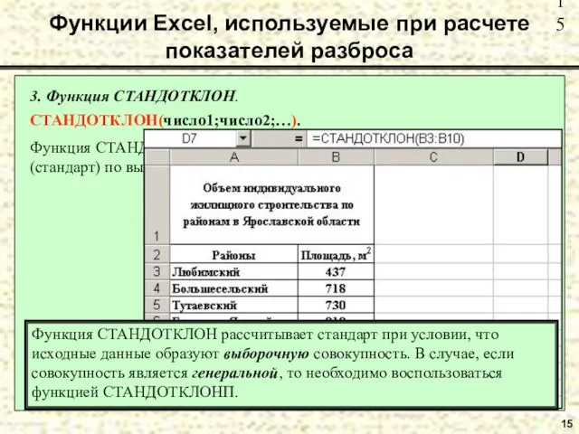 15 Функции Excel, используемые при расчете показателей разброса 3. Функция СТАНДОТКЛОН. СТАНДОТКЛОН(число1;число2;…).