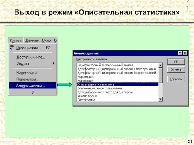 21 Выход в режим «Описательная статистика»