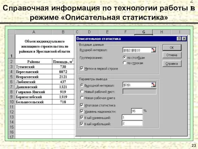 23 Справочная информация по технологии работы в режиме «Описательная статистика»