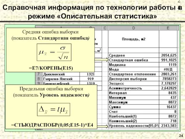 24 Справочная информация по технологии работы в режиме «Описательная статистика»