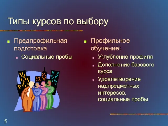 Типы курсов по выбору Предпрофильная подготовка Социальные пробы Профильное обучение: Углубление профиля