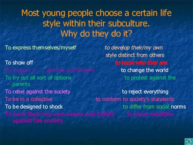 Most young people choose a certain life style within their subculture. Why
