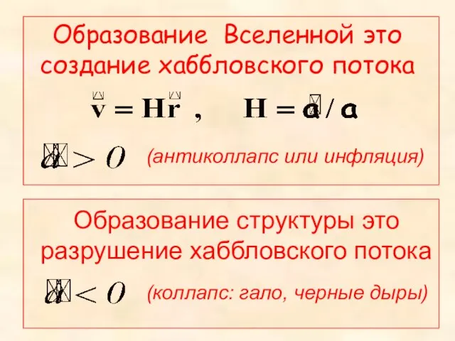 Образование Вселенной это создание хаббловского потока Образование структуры это разрушение хаббловского потока