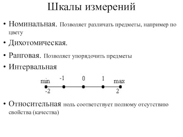 Шкалы измерений Номинальная. Позволяет различать предметы, например по цвету Дихотомическая. Ранговая. Позволяет