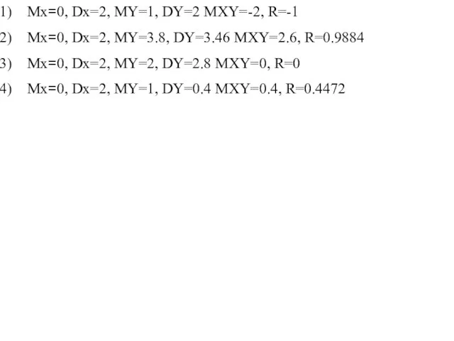 Mx=0, Dx=2, MY=1, DY=2 MXY=-2, R=-1 Mx=0, Dx=2, MY=3.8, DY=3.46 MXY=2.6, R=0.9884