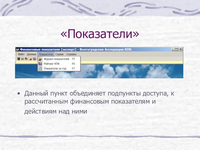 «Показатели» Данный пункт объединяет подпункты доступа, к рассчитанным финансовым показателям и действиям над ними