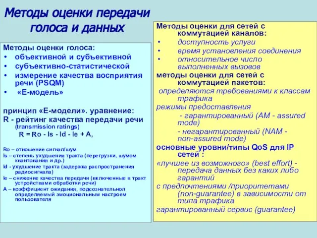 Методы оценки передачи голоса и данных Методы оценки голоса: объективной и субъективной