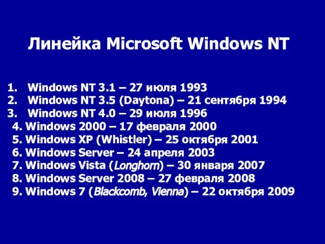 Windows NT 3.1 – 27 июля 1993 Windows NT 3.5 (Daytona) –