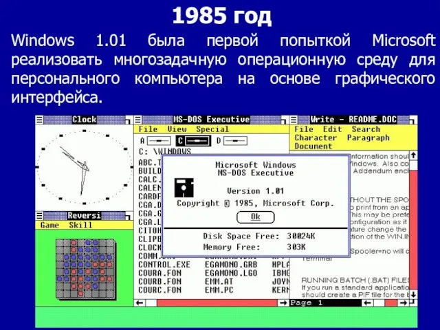 1985 год Windows 1.01 была первой попыткой Microsoft реализовать многозадачную операционную среду