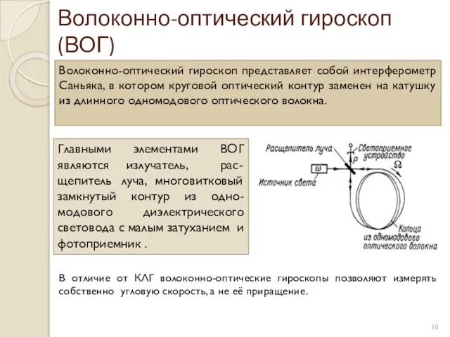 Волоконно-оптический гироскоп (ВОГ) В отличие от КЛГ волоконно-оптические гироскопы позволяют измерять собственно