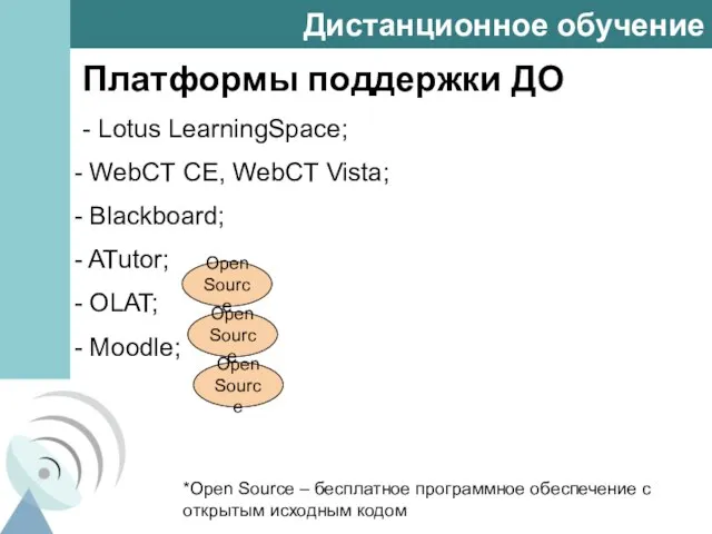 Дистанционное обучение Платформы поддержки ДО - Lotus LearningSpace; WebCT CE, WebCT Vista;