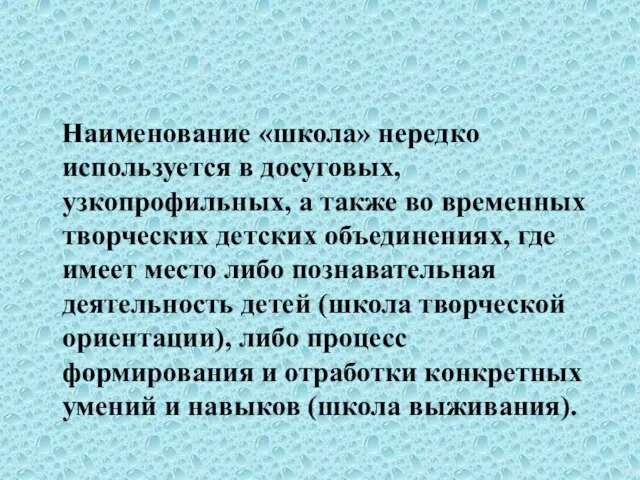 Наименование «школа» нередко используется в досуговых, узкопрофильных, а также во временных творческих