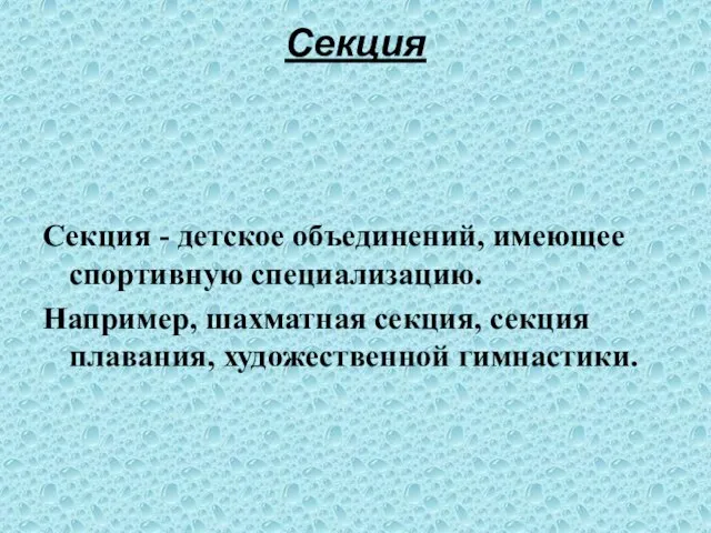 Секция Секция - детское объединений, имеющее спортивную специализацию. Например, шахматная секция, секция плавания, художественной гимнастики.