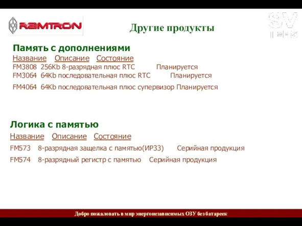 Другие продукты Логика с памятью Название Описание Состояние FM573 8-разрядная защелка с