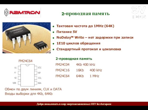 2-проводная память FM24C64 Обмен по двум линиям, CLK и DATA Входы выборки