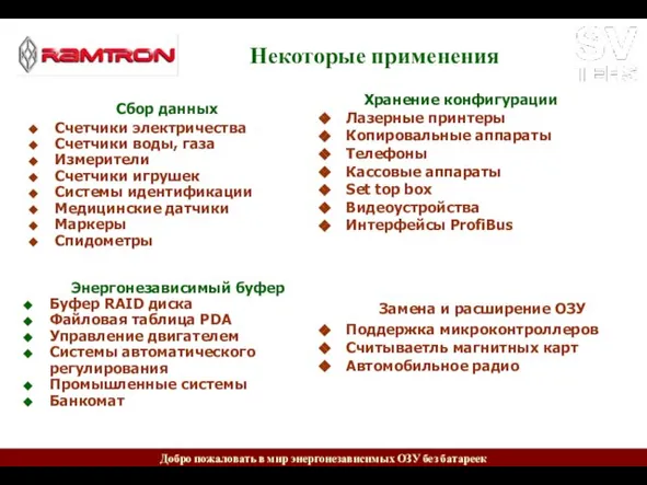 Некоторые применения Сбор данных Счетчики электричества Счетчики воды, газа Измерители Счетчики игрушек