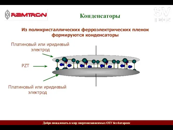 Конденсаторы Из поликристаллических ферроэлектрических пленок формируются конденсаторы Платиновый или иридиевый электрод Платиновый или иридиевый электрод PZT