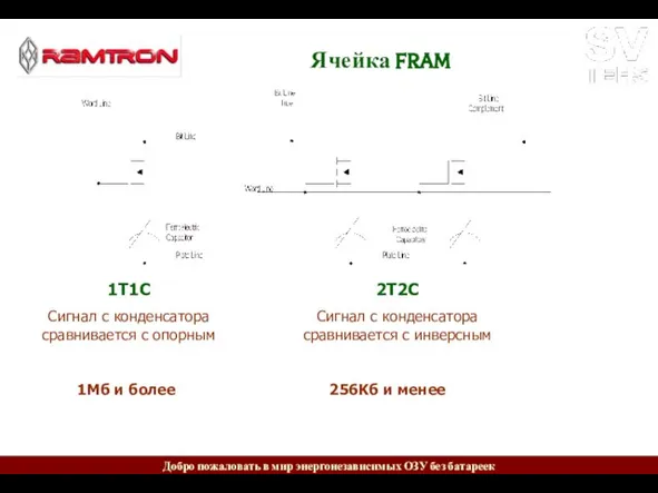 Ячейка FRAM 1T1C Сигнал с конденсатора сравнивается с опорным 2T2C Сигнал с