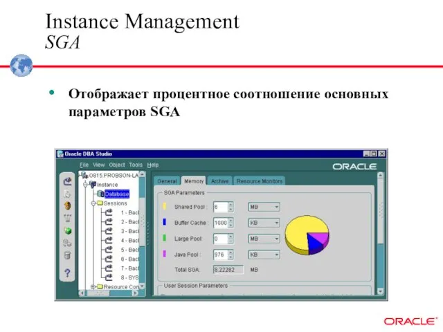 Instance Management SGA Отображает процентное соотношение основных параметров SGA