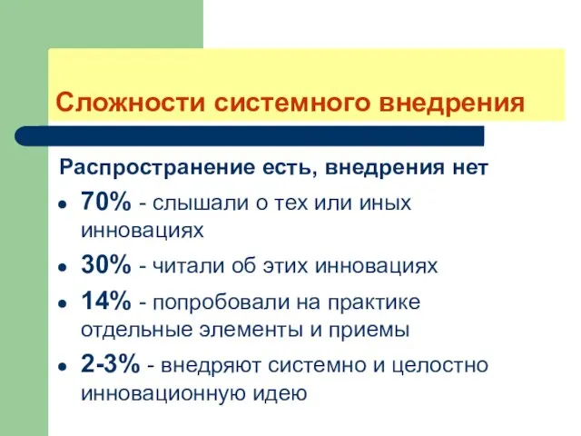 Сложности системного внедрения Распространение есть, внедрения нет 70% - слышали о тех