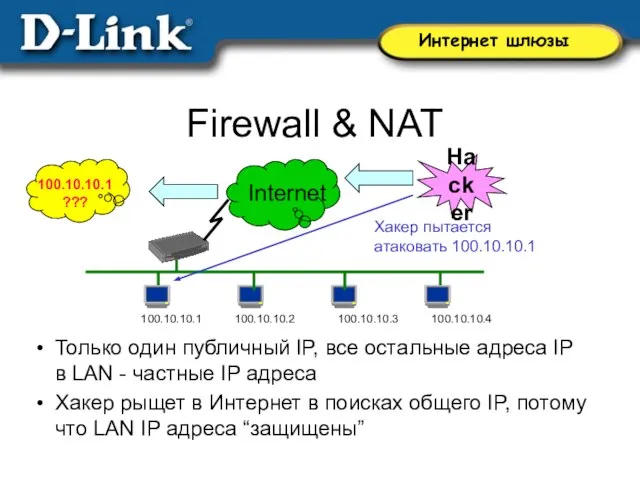 Firewall & NAT Только один публичный IP, все остальные адреса IP в
