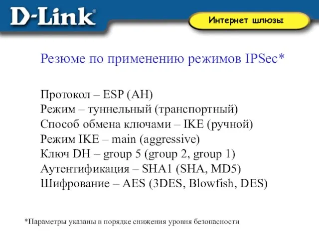 Резюме по применению режимов IPSec* Протокол – ESP (AH) Режим – туннельный