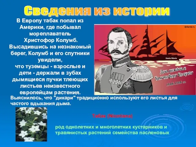 Сведения из истории В Европу табак попал из Америки, где побывал мореплаватель