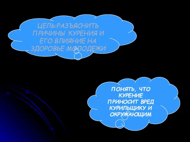 ЦЕЛЬ:РАЗЪЯСНИТЬ ПРИЧИНЫ КУРЕНИЯ И ЕГО ВЛИЯНИЕ НА ЗДОРОВЬЕ МОЛОДЕЖИ ПОНЯТЬ, ЧТО КУРЕНИЕ