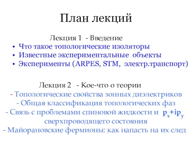 План лекций Лекция 1 - Введение Что такое топологические изоляторы Известные экспериментальные