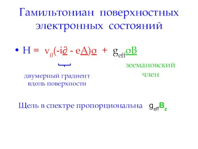 Гамильтониан поверхностных электронных состояний H = v0(-i∂ - eA)σ + geffσB зеемановский