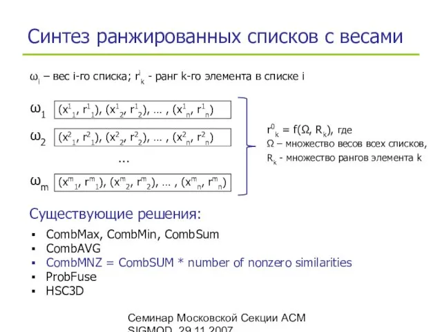 Семинар Московской Секции ACM SIGMOD, 29.11.2007 Синтез ранжированных списков с весами (x11,