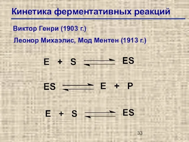 Кинетика ферментативных реакций Виктор Генри (1903 г.) Леонор Михаэлис, Мод Ментен (1913 г.)