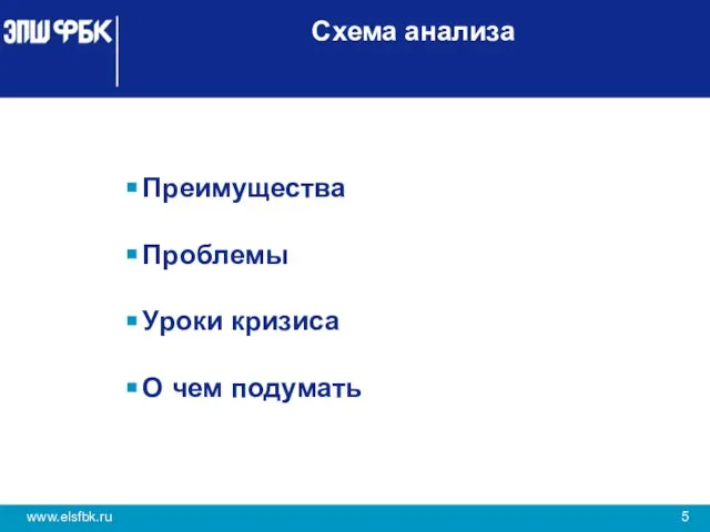 Схема анализа Преимущества Проблемы Уроки кризиса О чем подумать