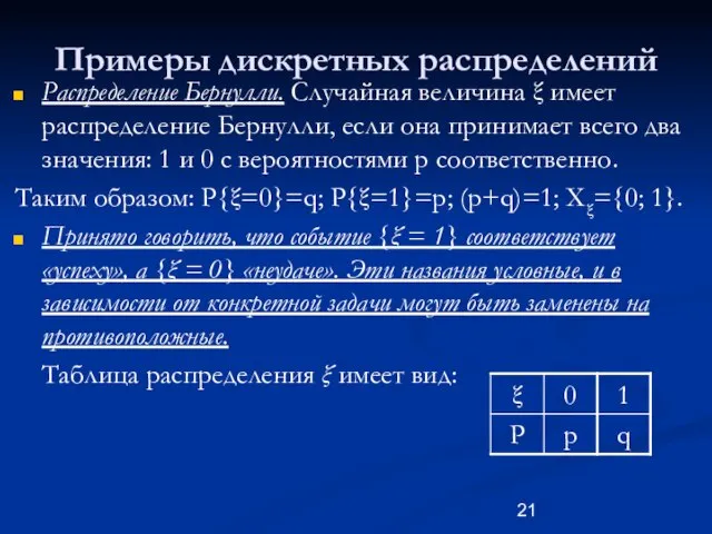 Примеры дискретных распределений Распределение Бернулли. Случайная величина ξ имеет распределение Бернулли, если