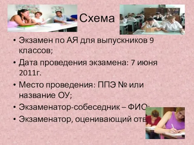 Схема Экзамен по АЯ для выпускников 9 классов; Дата проведения экзамена: 7