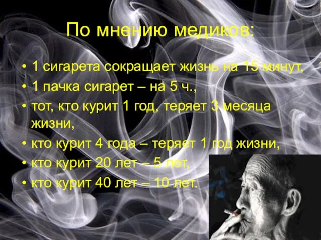 По мнению медиков: 1 сигарета сокращает жизнь на 15 минут, 1 пачка