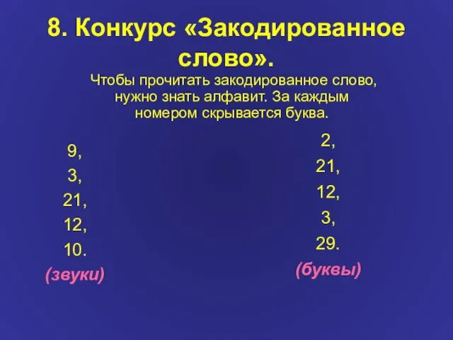 8. Конкурс «Закодированное слово». 9, 3, 21, 12, 10. (звуки) 2, 21,