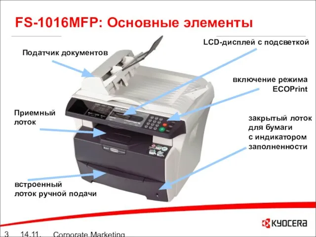 14.11.05 Corporate Marketing summary 10./11.05 FS-1016MFP: Основные элементы Податчик документов LCD-дисплей с