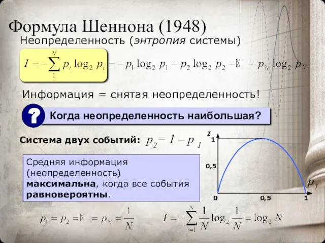 Формула Шеннона (1948) Неопределенность (энтропия системы) Система двух событий: Средняя информация (неопределенность)