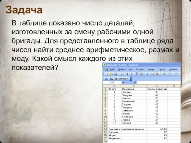 Задача В таблице показано число деталей, изготовленных за смену рабочими одной бригады.