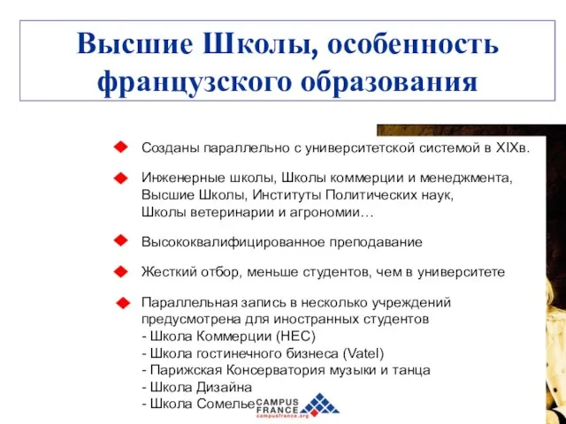 Высшие Школы, особенность французского образования Созданы параллельно с университетской системой в ХIXв.