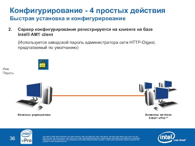 Сервер конфигурирования регистрируется на клиенте на базе Intel® AMT client (Используется заводской