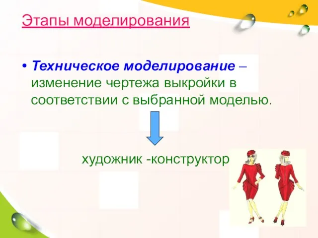 Техническое моделирование – изменение чертежа выкройки в соответствии с выбранной моделью. художник -конструктор Этапы моделирования