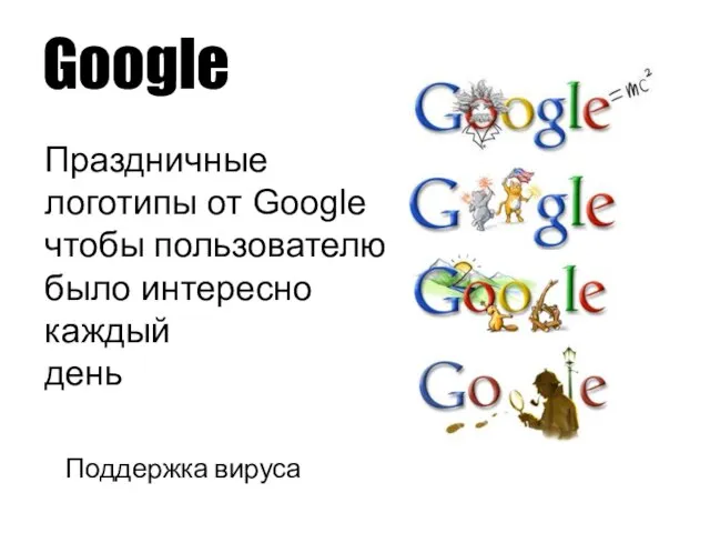 Google Поддержка вируса Праздничные логотипы от Google чтобы пользователю было интересно каждый день