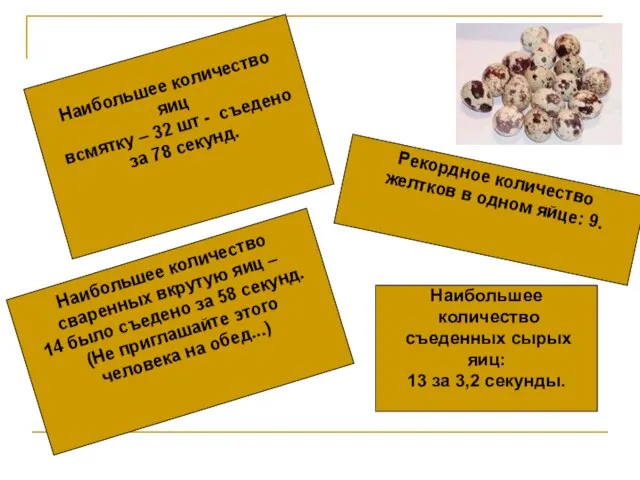 Рекордное количество желтков в одном яйце: 9. Наибольшее количество сваренных вкрутую яиц