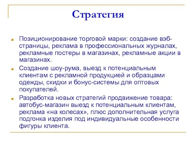 Стратегия Позиционирование торговой марки: создание вэб-страницы, реклама в профессиональных журналах, рекламные постеры