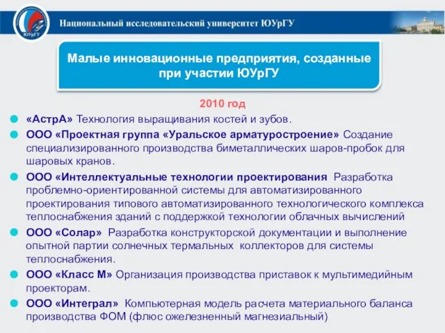 2010 год «АстрА» Технология выращивания костей и зубов. ООО «Проектная группа «Уральское