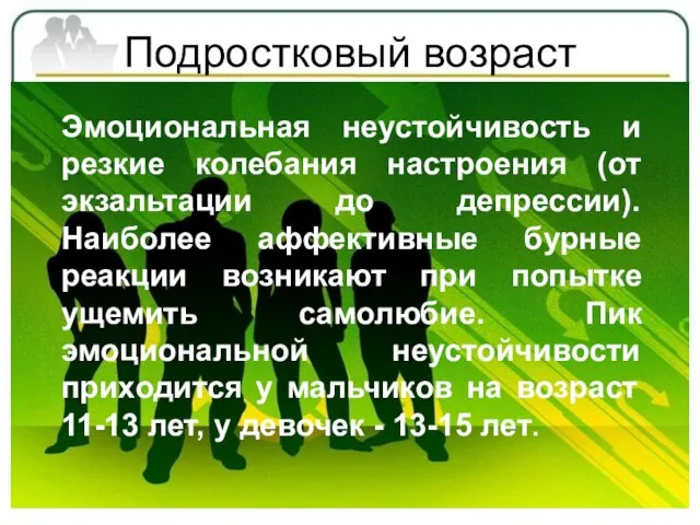 Подростковый возраст Эмоциональная неустойчивость и резкие колебания настроения (от экзальтации до депрессии).